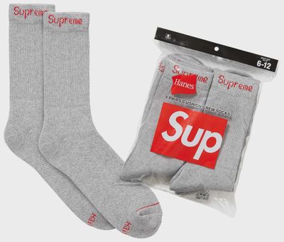 SUPREME X HANES CREW SOCKS (4 PACK) &quot;GREY&quot;