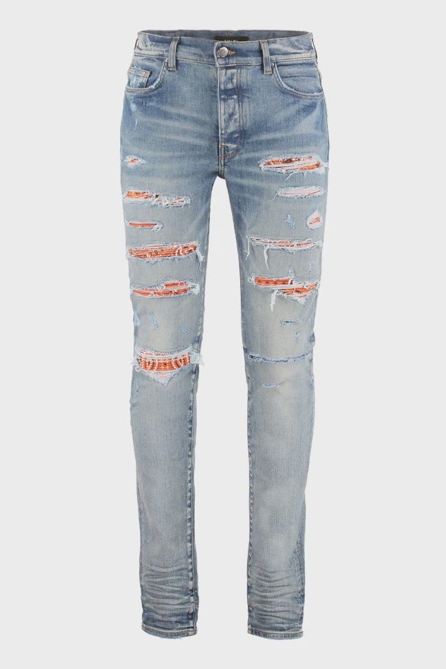 AMIRI ORANGE BANDANA THRASHER SKINNY JEANS