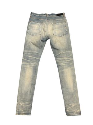 AMIRI PLAID BANDANNA DISTRESSED DENIM THRASHER JEANS CLAY INDIGO