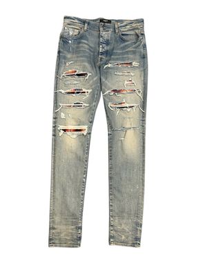 AMIRI PLAID BANDANNA DISTRESSED DENIM THRASHER JEANS CLAY INDIGO