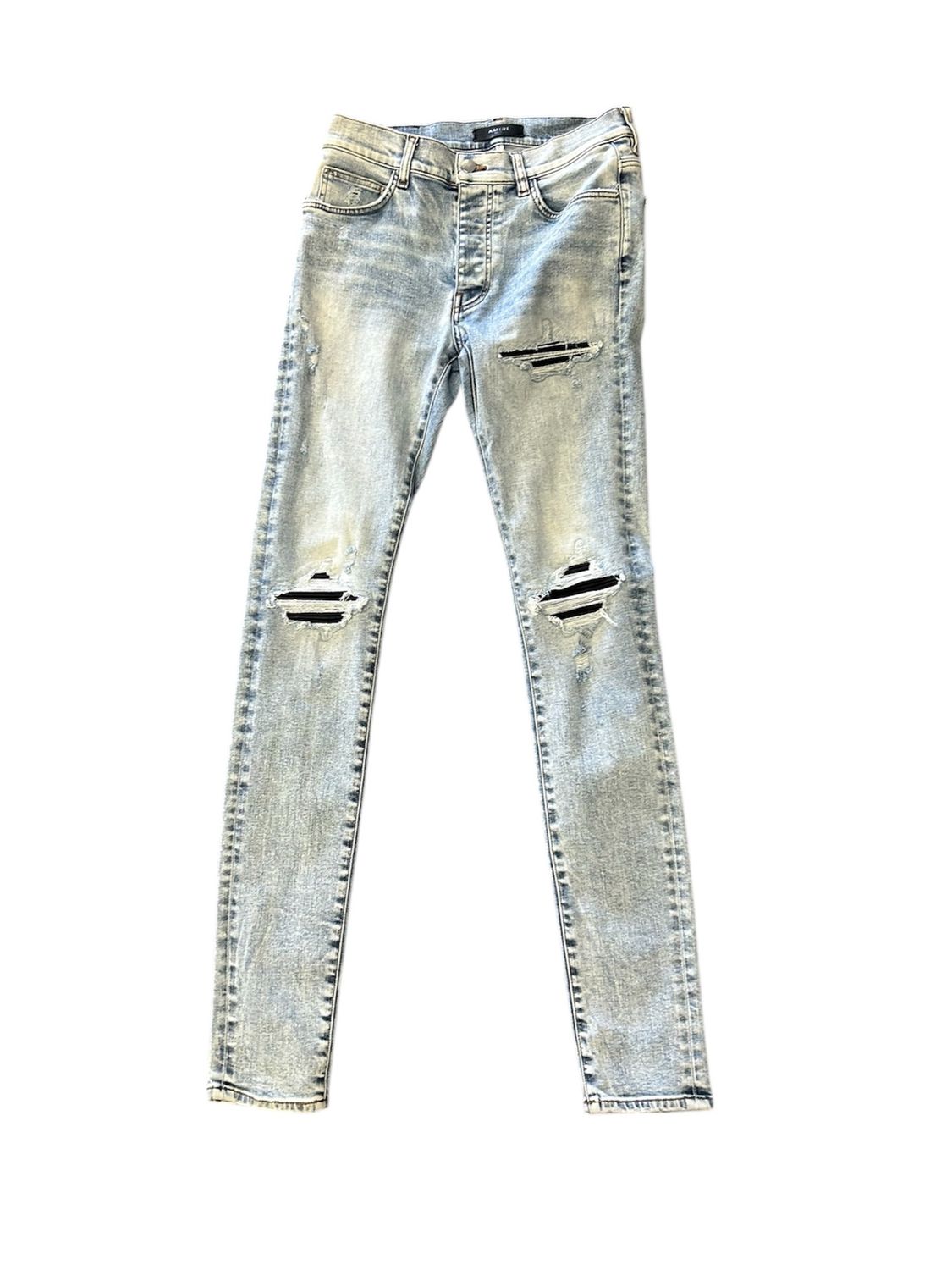 AMIRI MX1 BLACK LEATHER PATCH JEANS STONE INDIGO