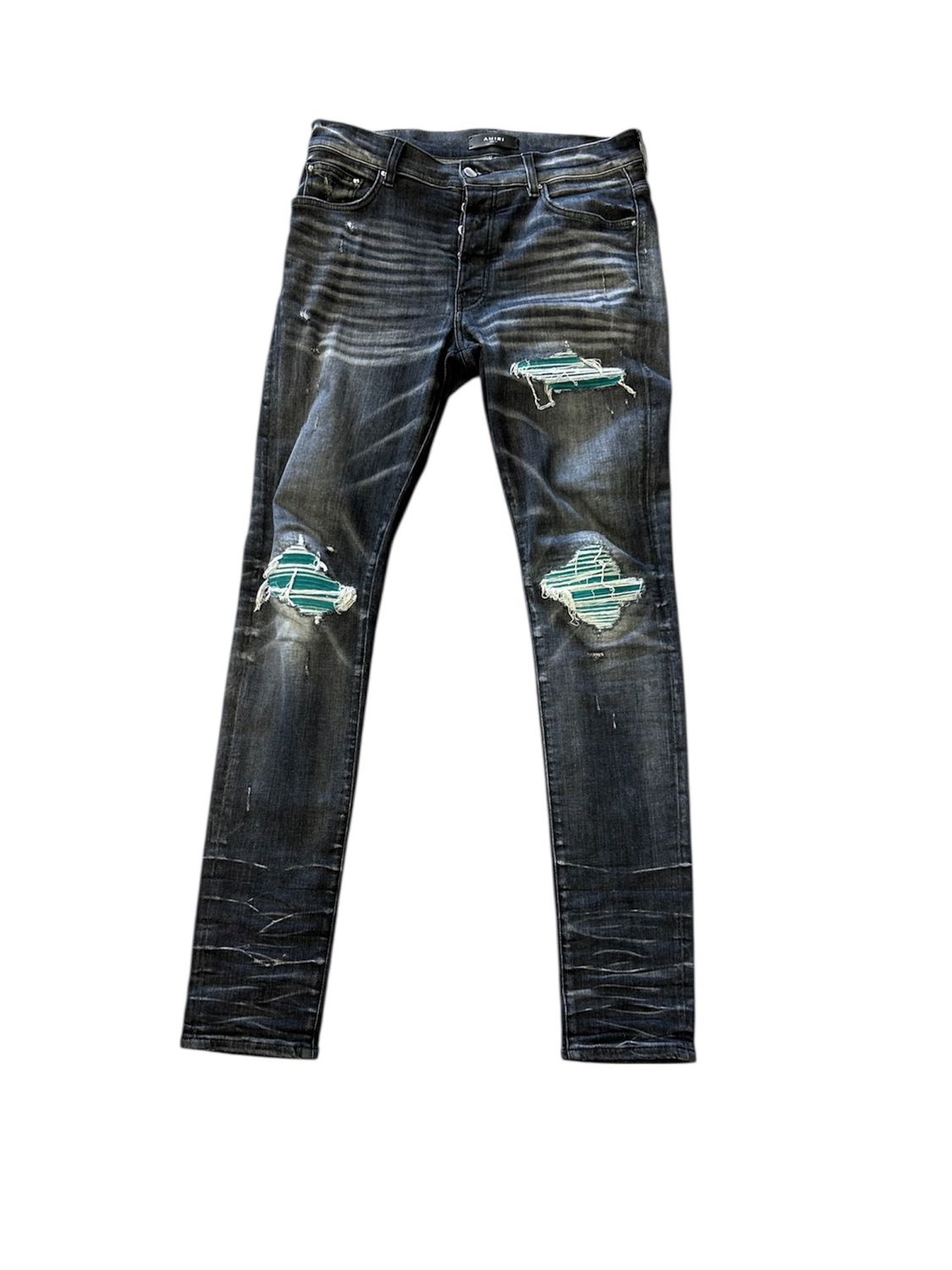 AMIRI MX1 TEAL SUEDE PATCH JEANS STORM GREY