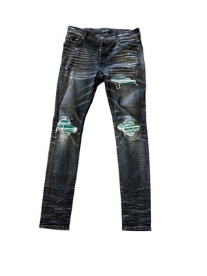 AMIRI MX1 TEAL SUEDE PATCH JEANS STORM GREY