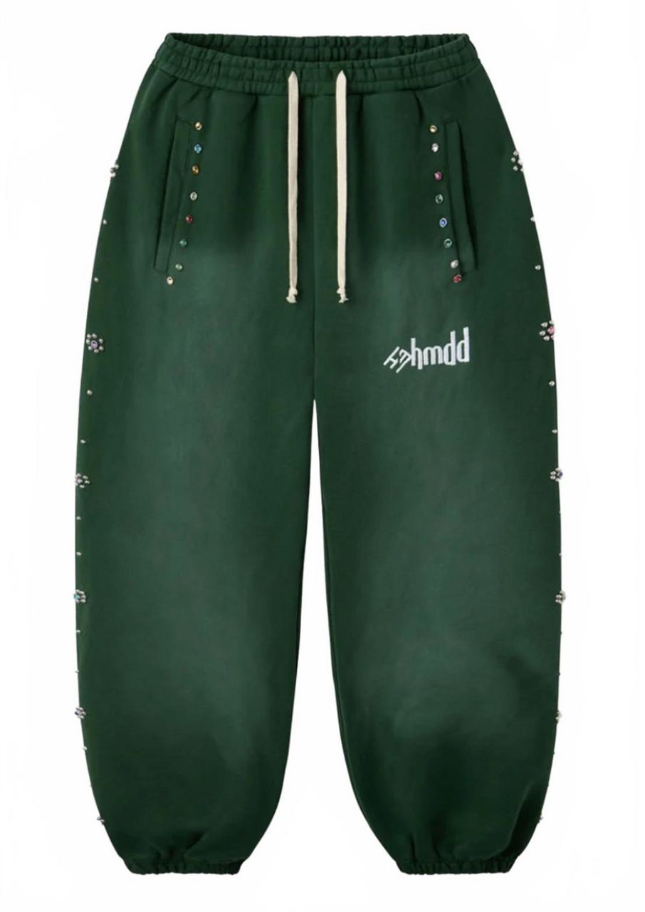 HAPPY MEMORIES DON'T DIE (HMDD)  "GREEN FLOWER" STUDDED SWEATPANTS