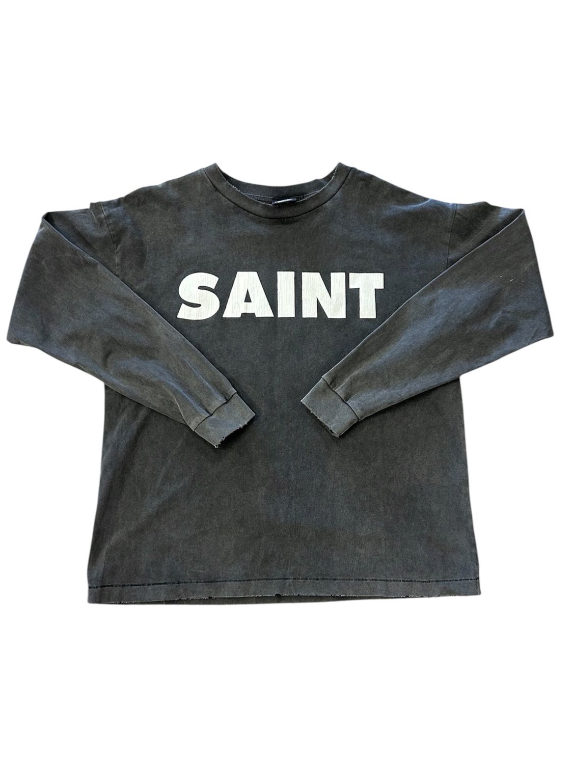 SAINT MICHAEL FADED GRAY RIPPED SAINT PRINTED L/S