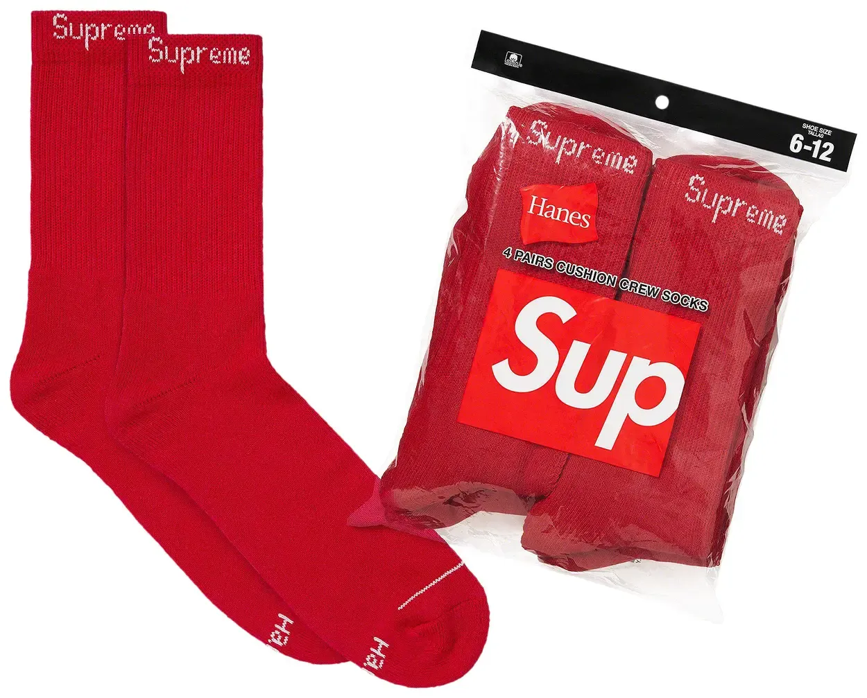 SUPREME X HANES CREW SOCKS (4 PACK) "RED"