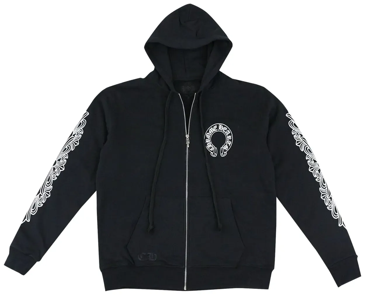 CHROME HEARTS HORSESHOE FLORAL CROSS-SLEEVE ZIP UP HOODIE "BLACK/WHITE"