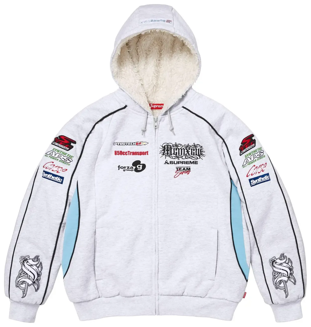 SUPREME RACING LINED ZIP UP HOODED SWEATSHIRT "ASH GREY"