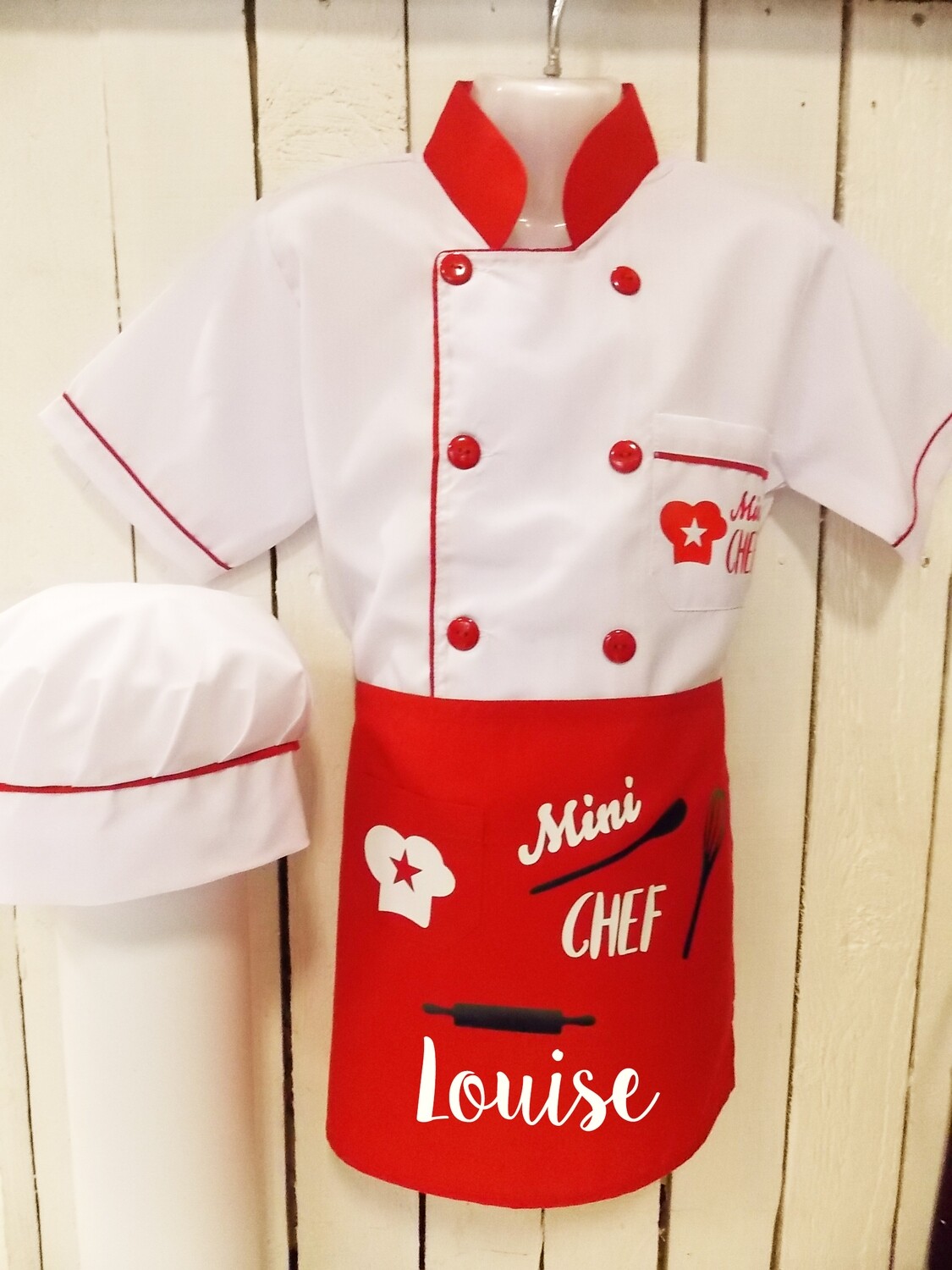 Set Mini Chef Rouge personnalisable (Veste+tablier+toque)
