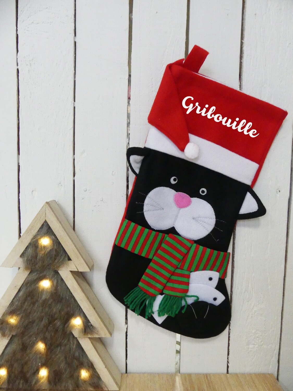 Chaussette Noël personnalisée pour chat avec le nom de votre choix