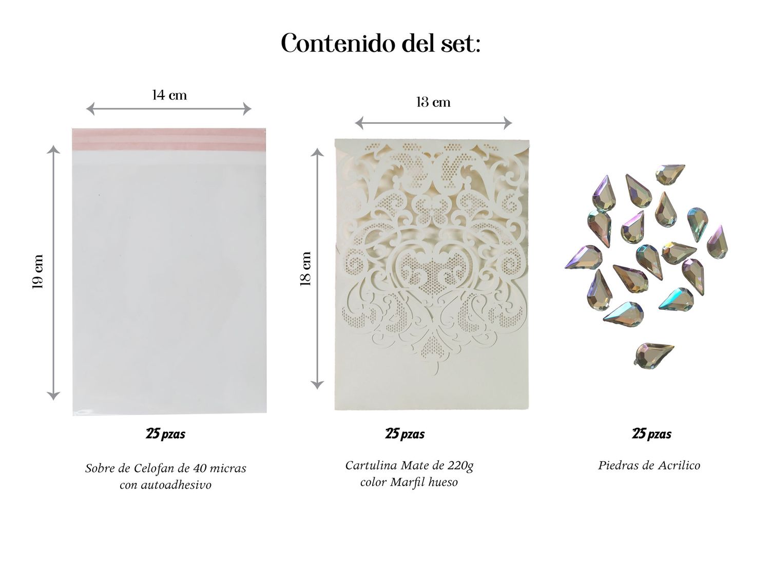 DIY Sobre Corte Laser Bifold V 1318-001 - 25 pzas, Pedreria: Gota de acrílico Plata