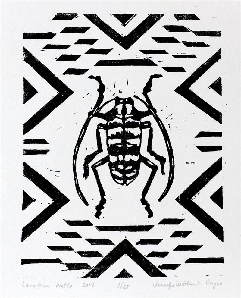 Longhorn beetle linocut print