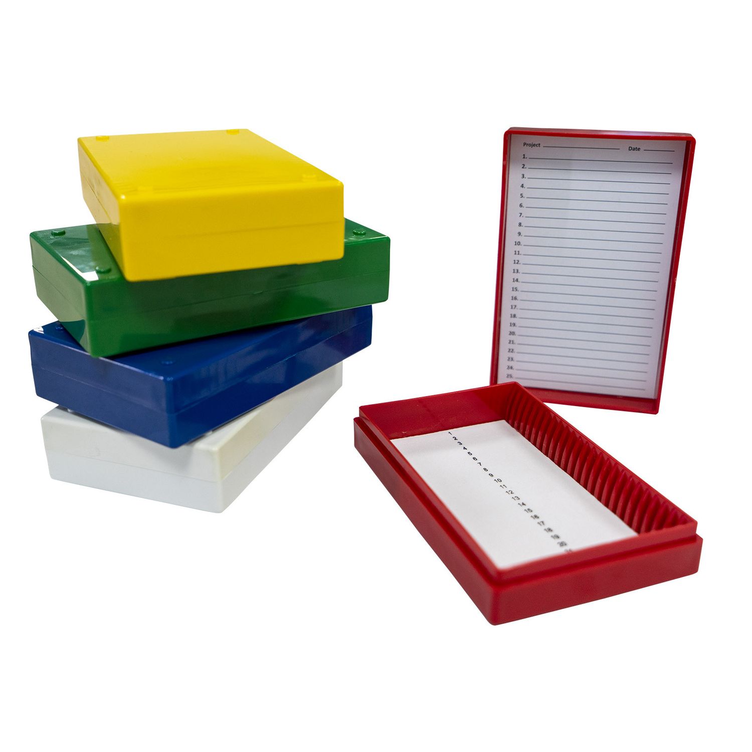 Biologix® Slide Storage Boxes-25-Place Foam Lining, Assorted colors, 5 /Pack, 4 Packs/Case