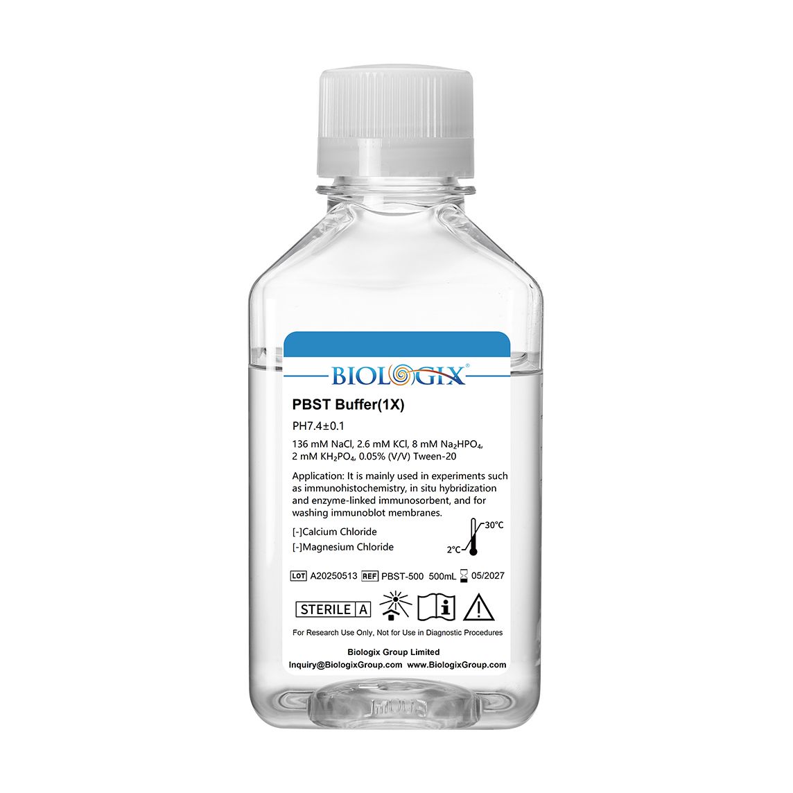 Biologix® PBST Buffer ( 1X ), pH7.4, Sterile, Low Endotoxin, 500mL/Bottle, 10 Bottles/Case