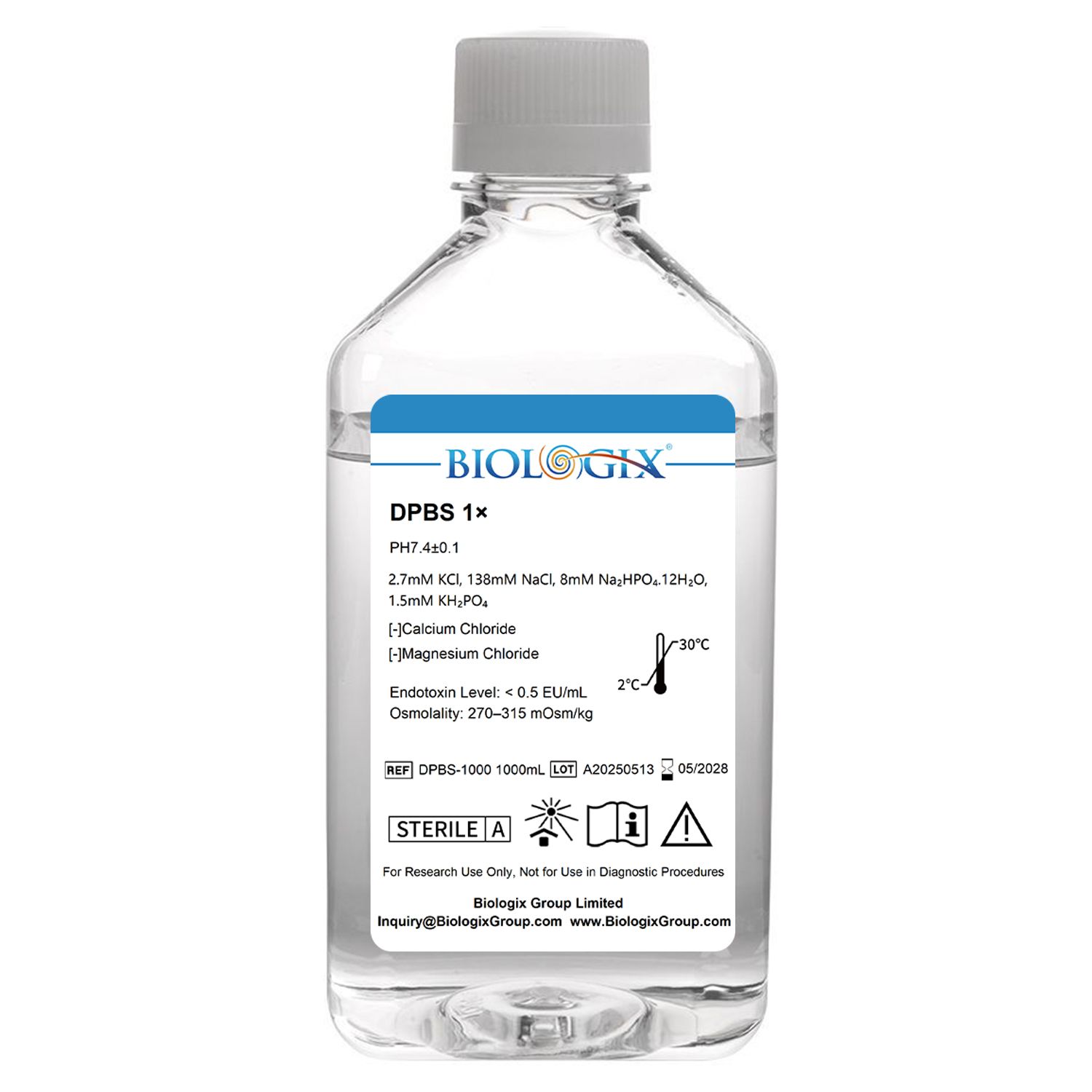 Biologix® DPBS Buffer (without Ca2+&amp;Mg2+) (1×), pH7.4, Sterile, Low Endotoxin, 1000mL/ Bottle, 6 Bottles/Case
