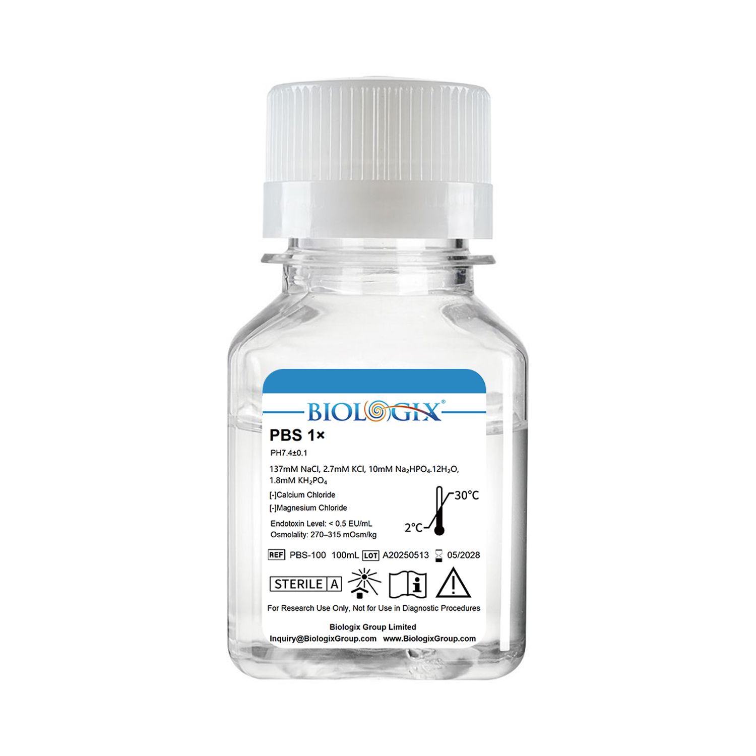 Biologix® PBS Buffer ( 1X ), pH7.4, Low Endotoxin, 100mL/Bottle, 20 Bottles/Case