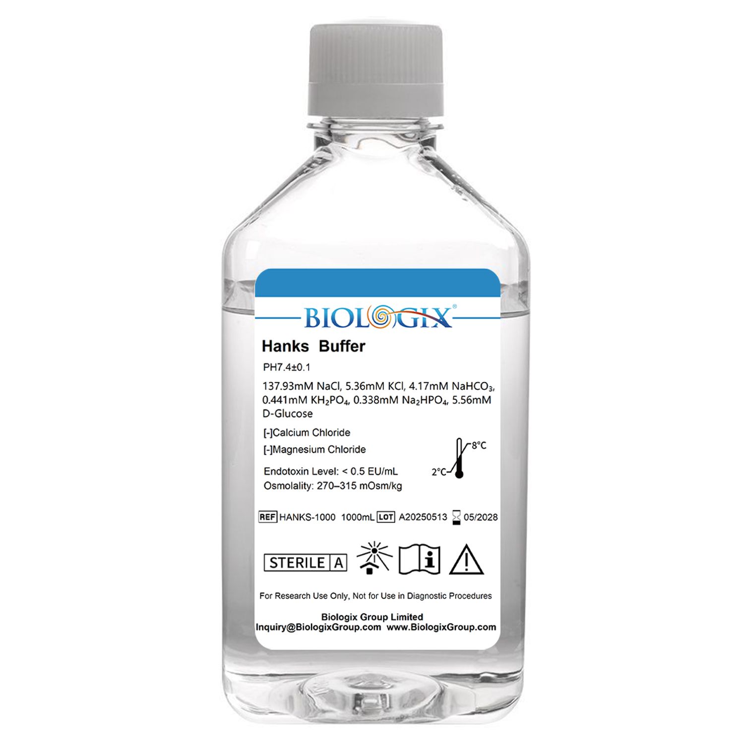 Biologix® Hanks Buffer( 1X ) (without Ca2+&amp;Mg2+), pH7.1-7.5, Sterile, 1000mL/ Bottle, 6 Bottles/Case