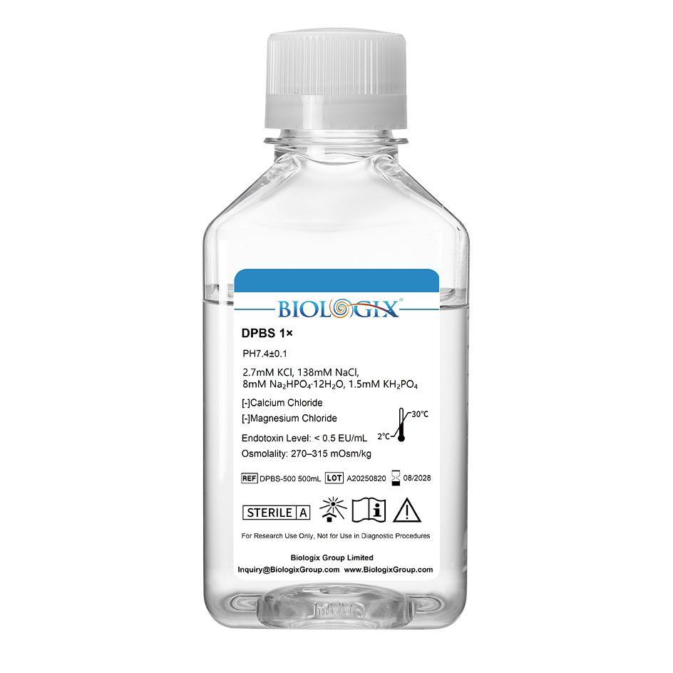 Biologix® DPBS Buffer (without Ca2+&amp;Mg2+) (1×), pH7.4, Sterile, Low Endotoxin, 500mL/ Bottle, 10 Bottles/Case