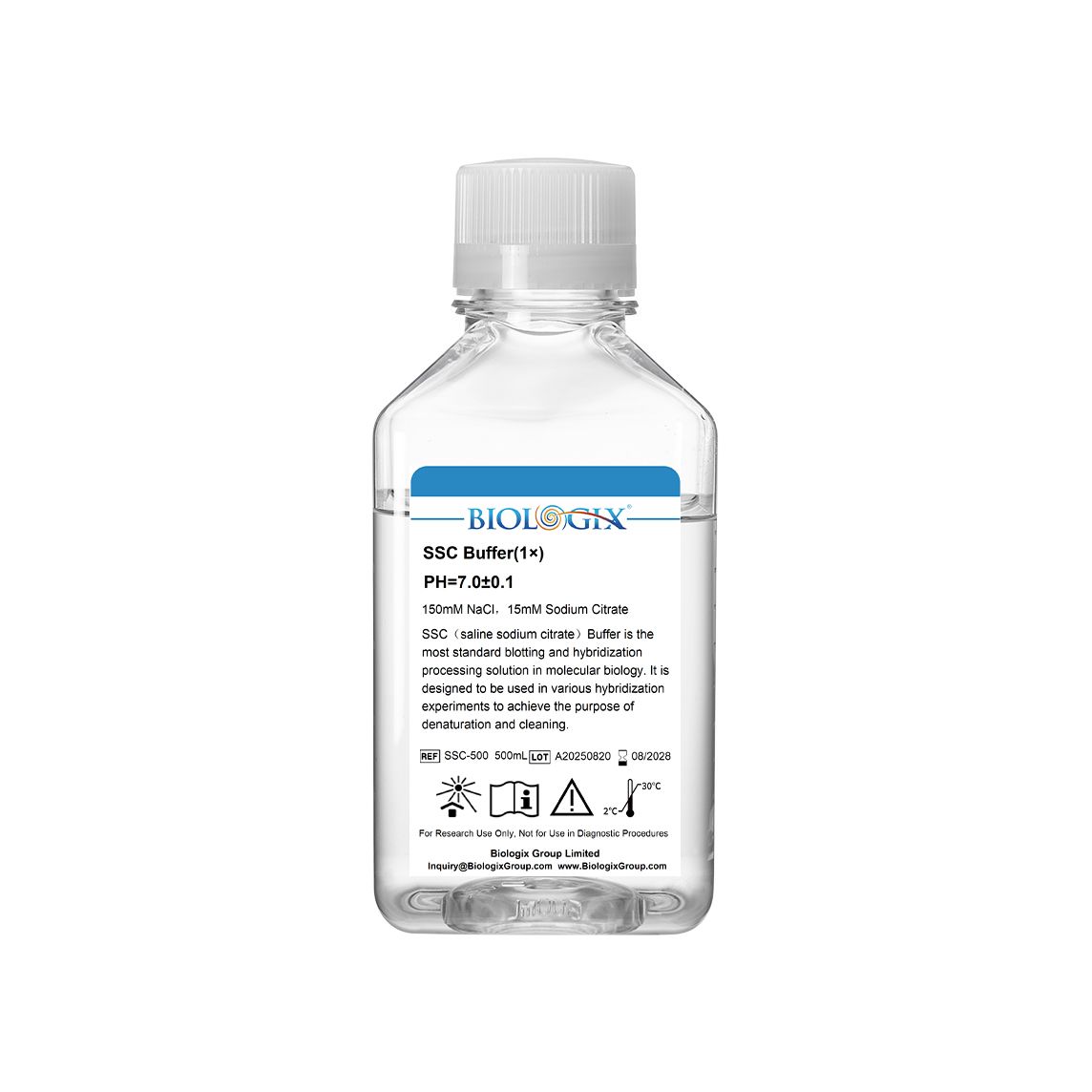 Biologix® SSC (saline sodium citrate) Buffer (1×), PH6.9-7.1, 500mL/Bottle, 10 Bottles/Case