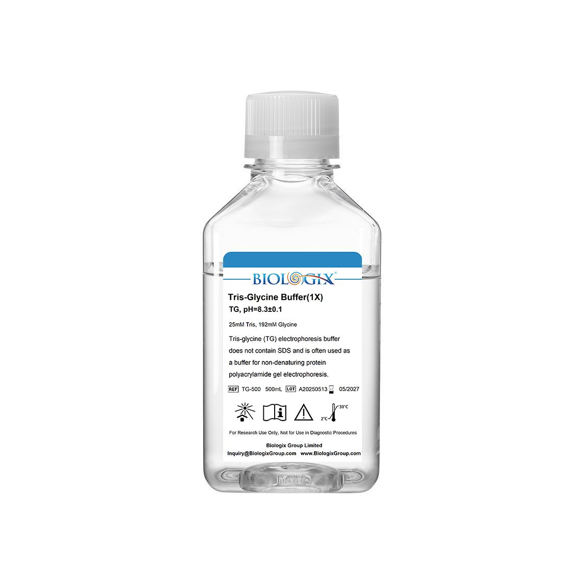Biologix® TG (Tris-glycine) Electrophoresis Buffer ( 1X ), pH8.3, 500mL/Bottle, 10 Bottles/Case