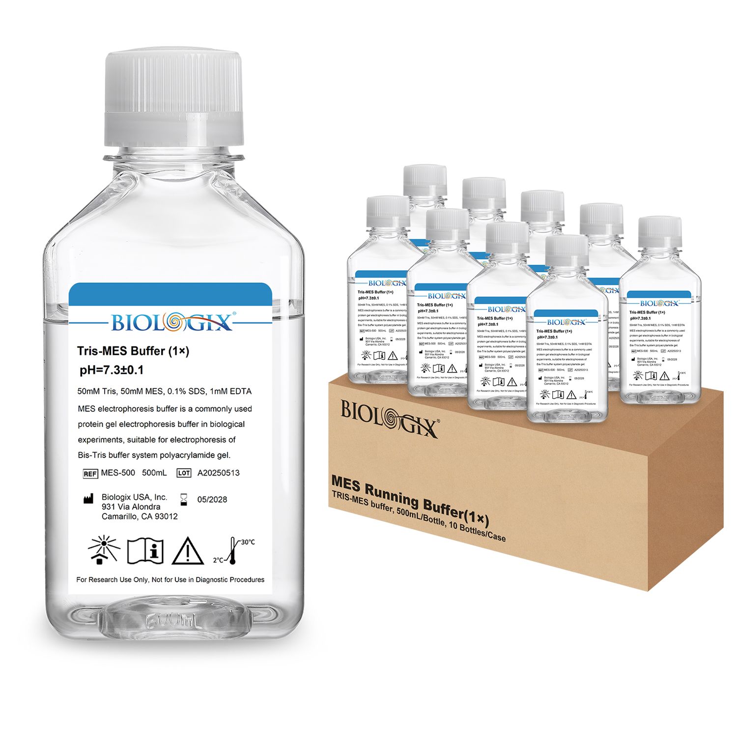 Biologix® TRIS-MES Buffer( 1X ), PH7.3, 500mL/Bottle, 10 Bottles/Case, Package: 10 Bottles