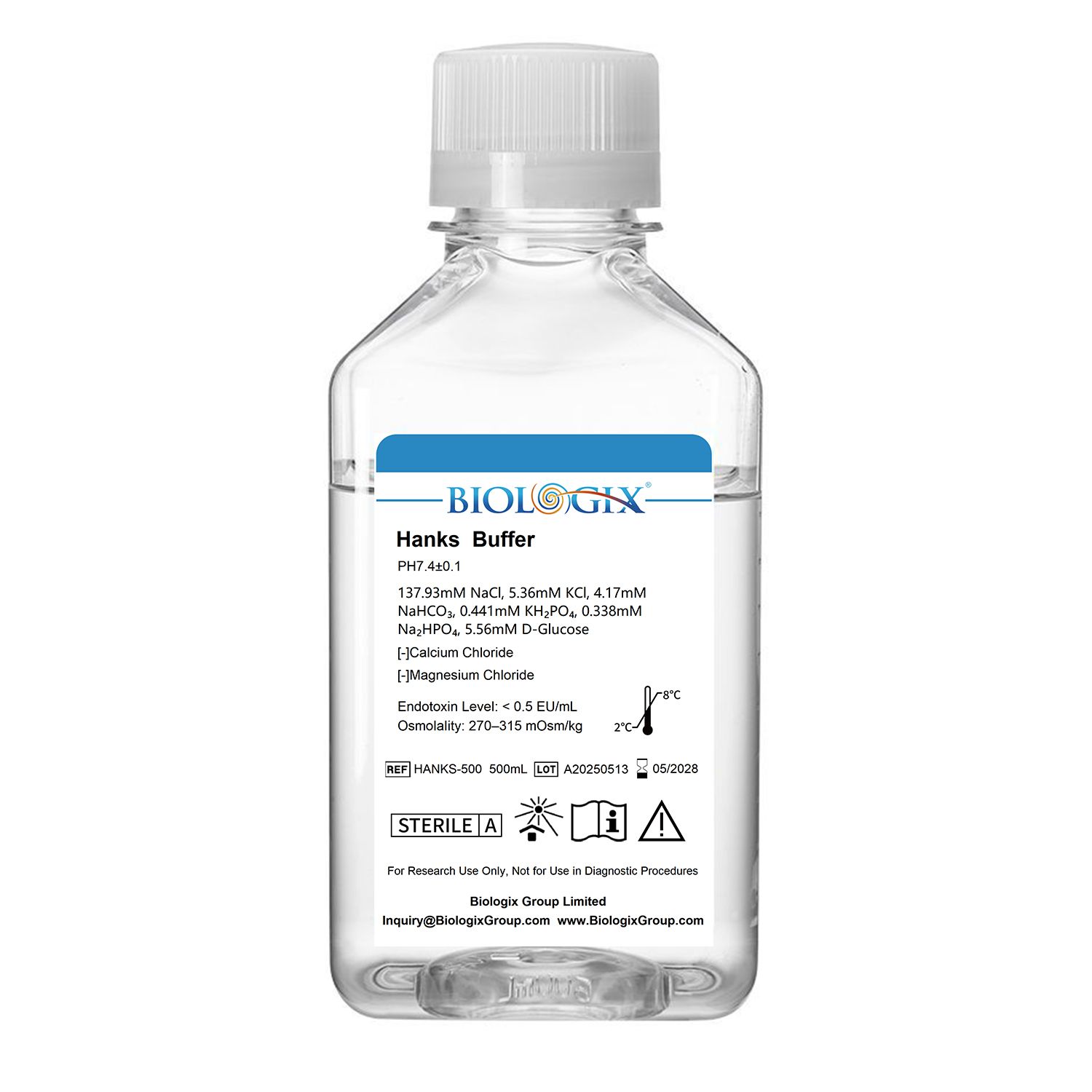 Biologix® Hanks Buffer ( 1X ) (without Ca2+&amp;Mg2+), pH7.1-7.5, Sterile, 500mL/ Bottle, Package: 1 Bottle
