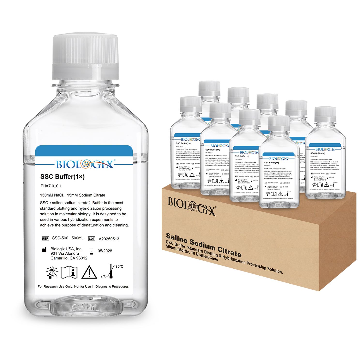 Biologix® SSC (saline sodium citrate) Buffer (1×), pH 6.9-7.1, 500mL/Bottle, Package: 10 Bottles