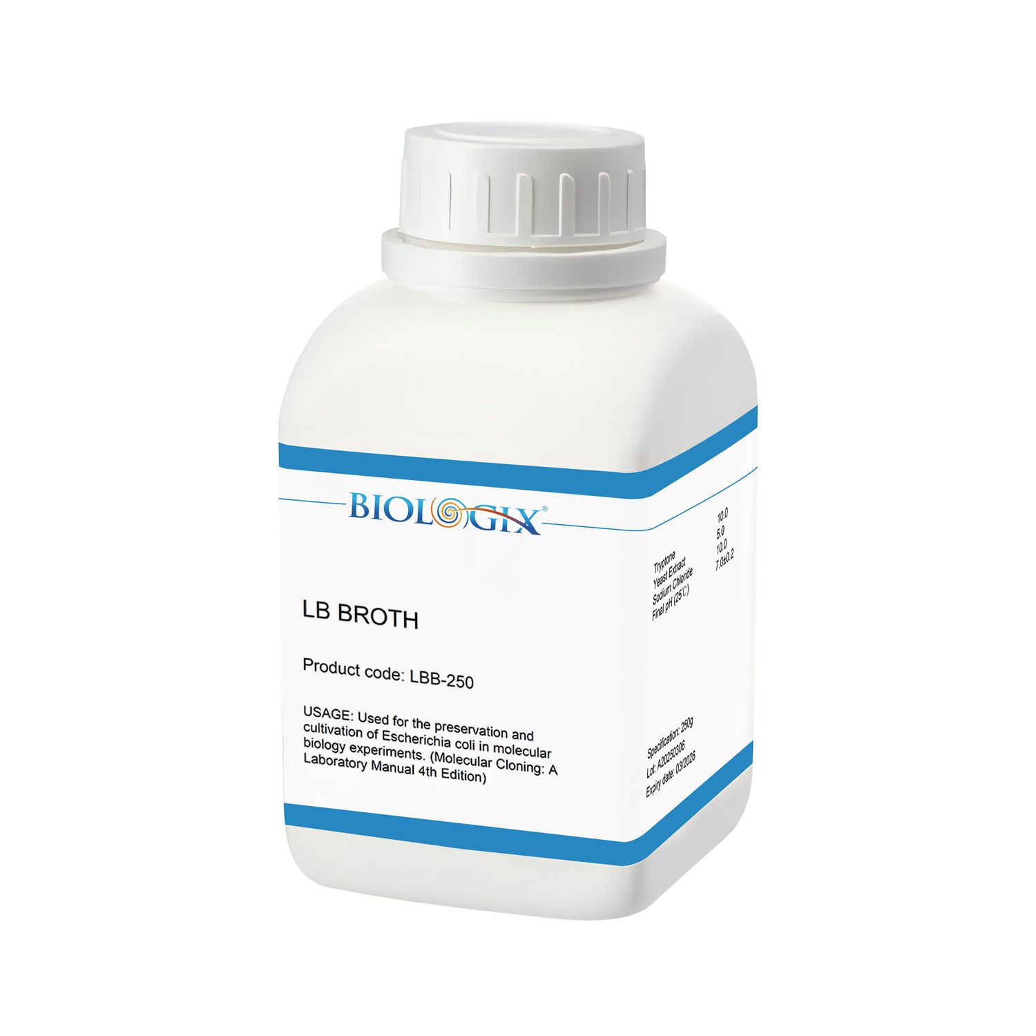 Biologix® LB Broth, Dry Powder, pH 7.0, 250g/Bottle, 10 Bottles/Case