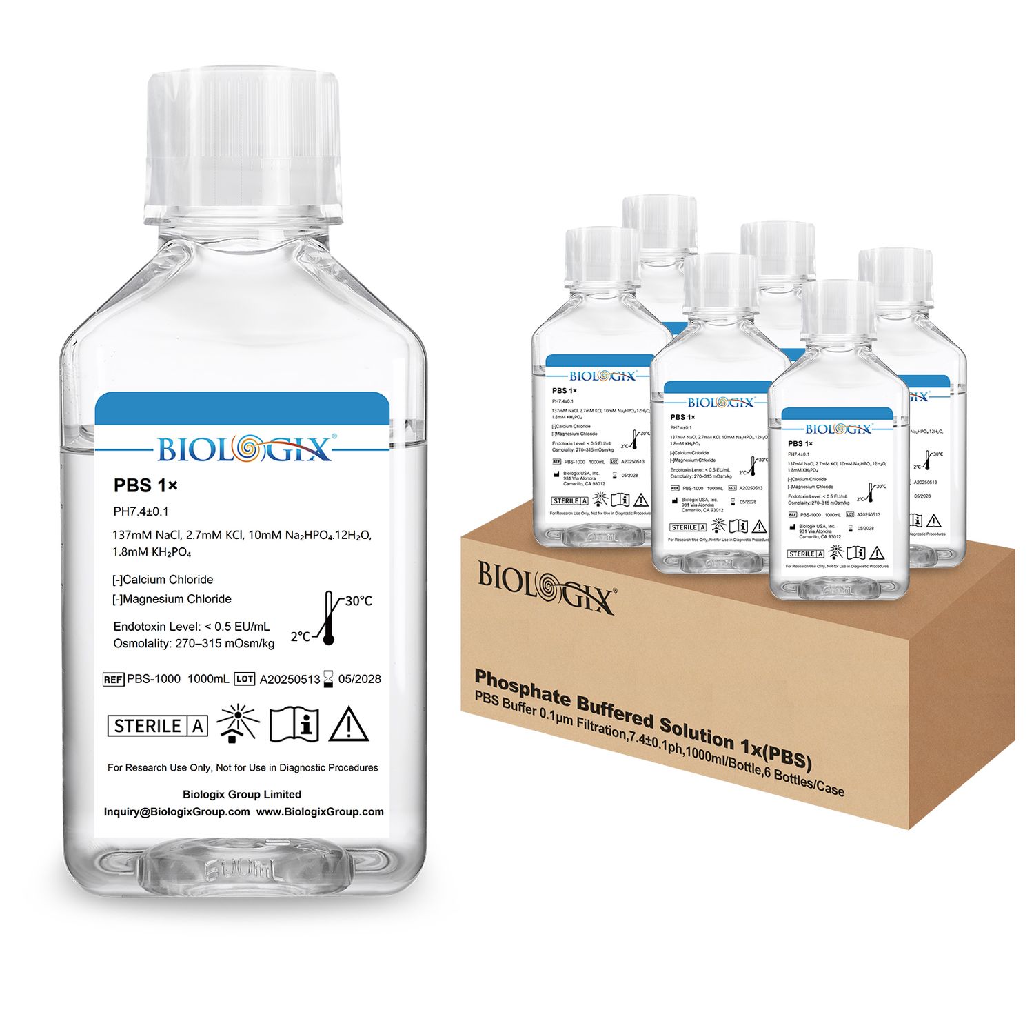 Biologix® PBS Buffer( 1X ),  pH7.4, Sterile, Low Endotoxin, 1000mL/Bottle, Package: 6 Bottles