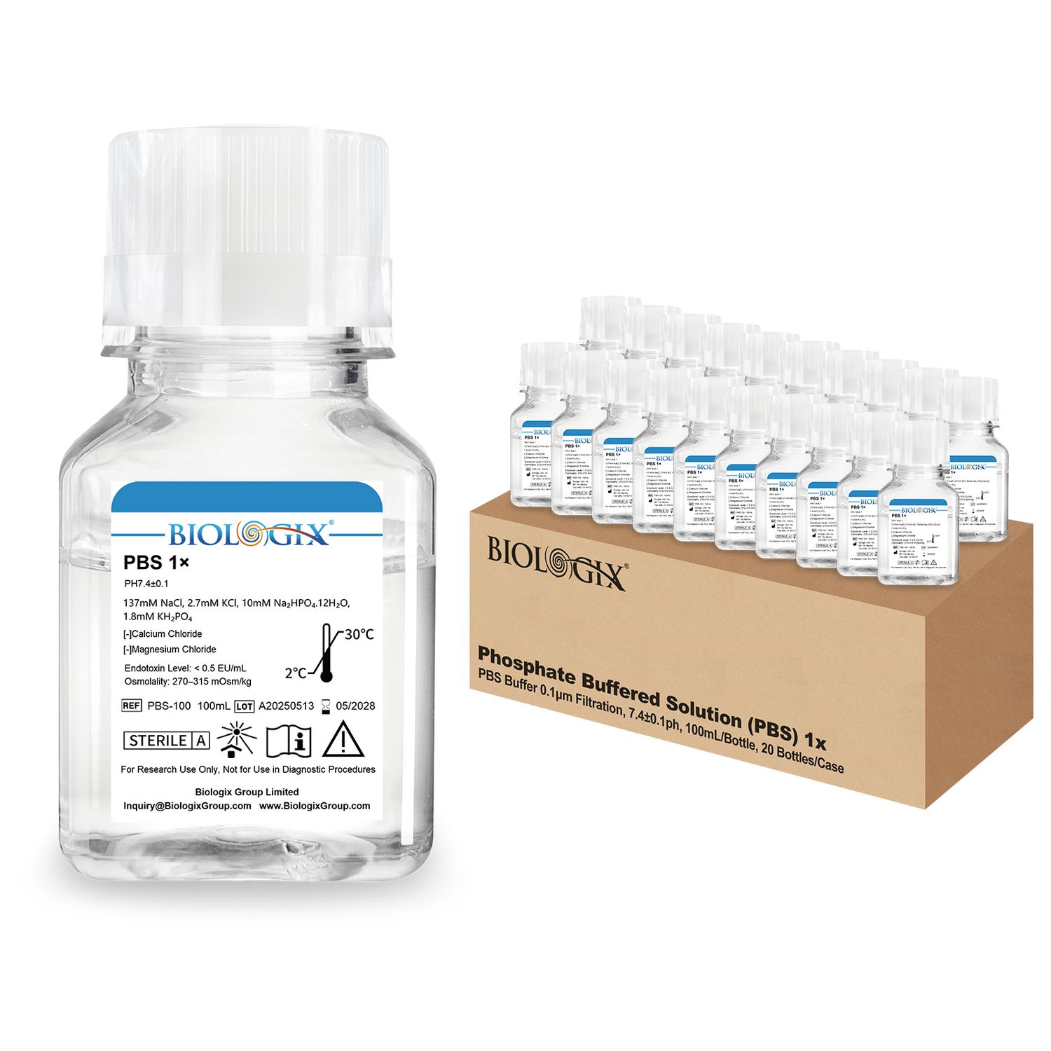 Biologix® PBS Buffer ( 1X ), pH7.4, Low Endotoxin, 100mL/Bottle, Package: 20 Bottles