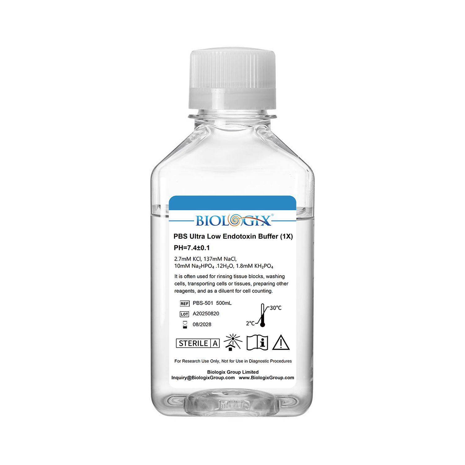 Biologix® PBS Buffer ( 1X ), pH7.4, Sterile, Ultra - low endotoxin, 500mL/Bottle, 10 Bottles/Case