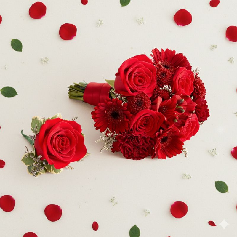 Bouquet &amp; Boutonnière de Bal – Roses Rouges &amp; Bourgogne