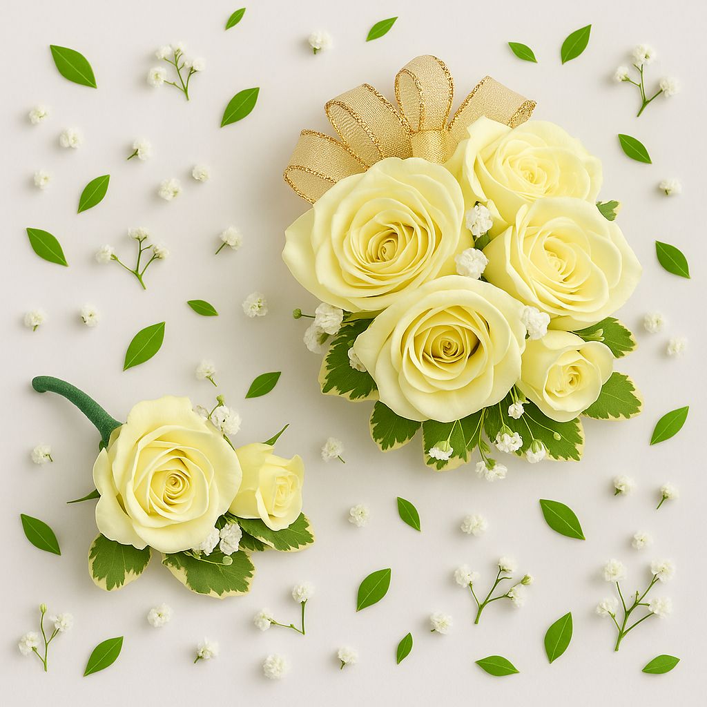 Corsage &amp; Boutonnière en Roses Blanches