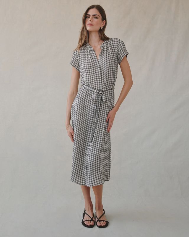 Bella Dahl - Cap Sleeve Maxi Shirt Dress Ivory Check Plaid