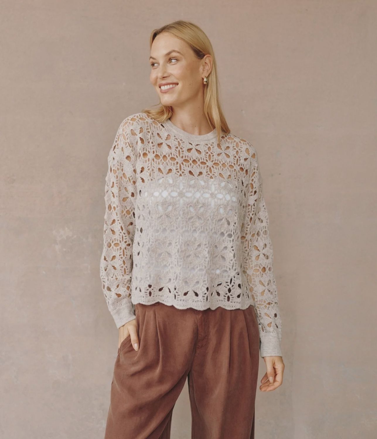 Bella Dahl - Crochet Crew Neck Sweater Soft Almond