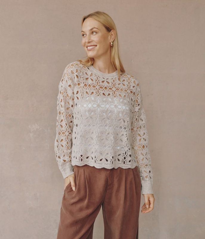 Bella Dahl - Crochet Crew Neck Sweater Soft Almond