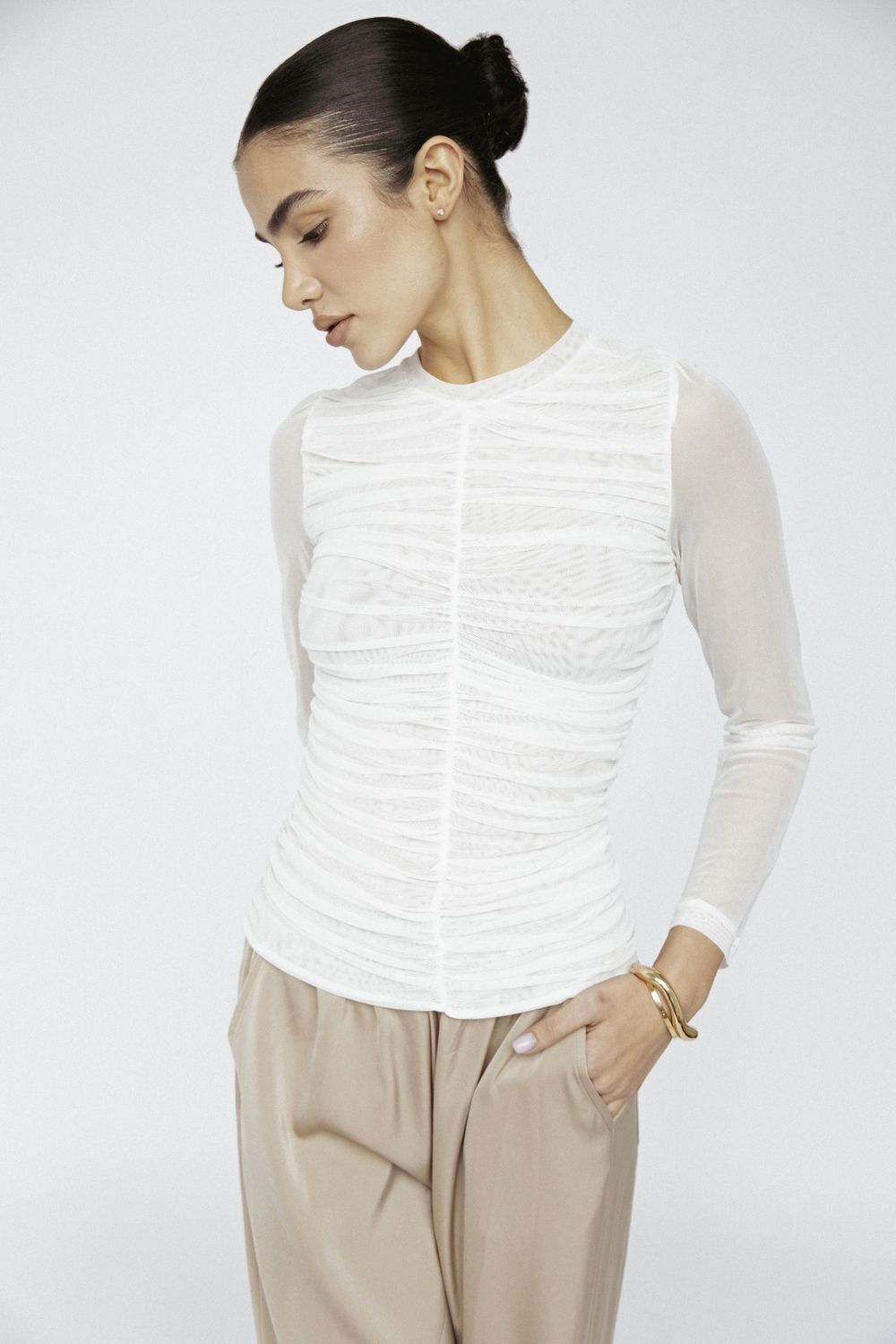 Amanda Maria - Mesh Gather Front Top Ivory