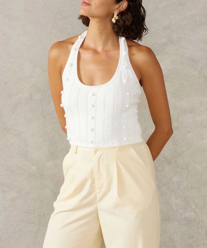 MØN RENN - Pom Pom Knit Top Pearl