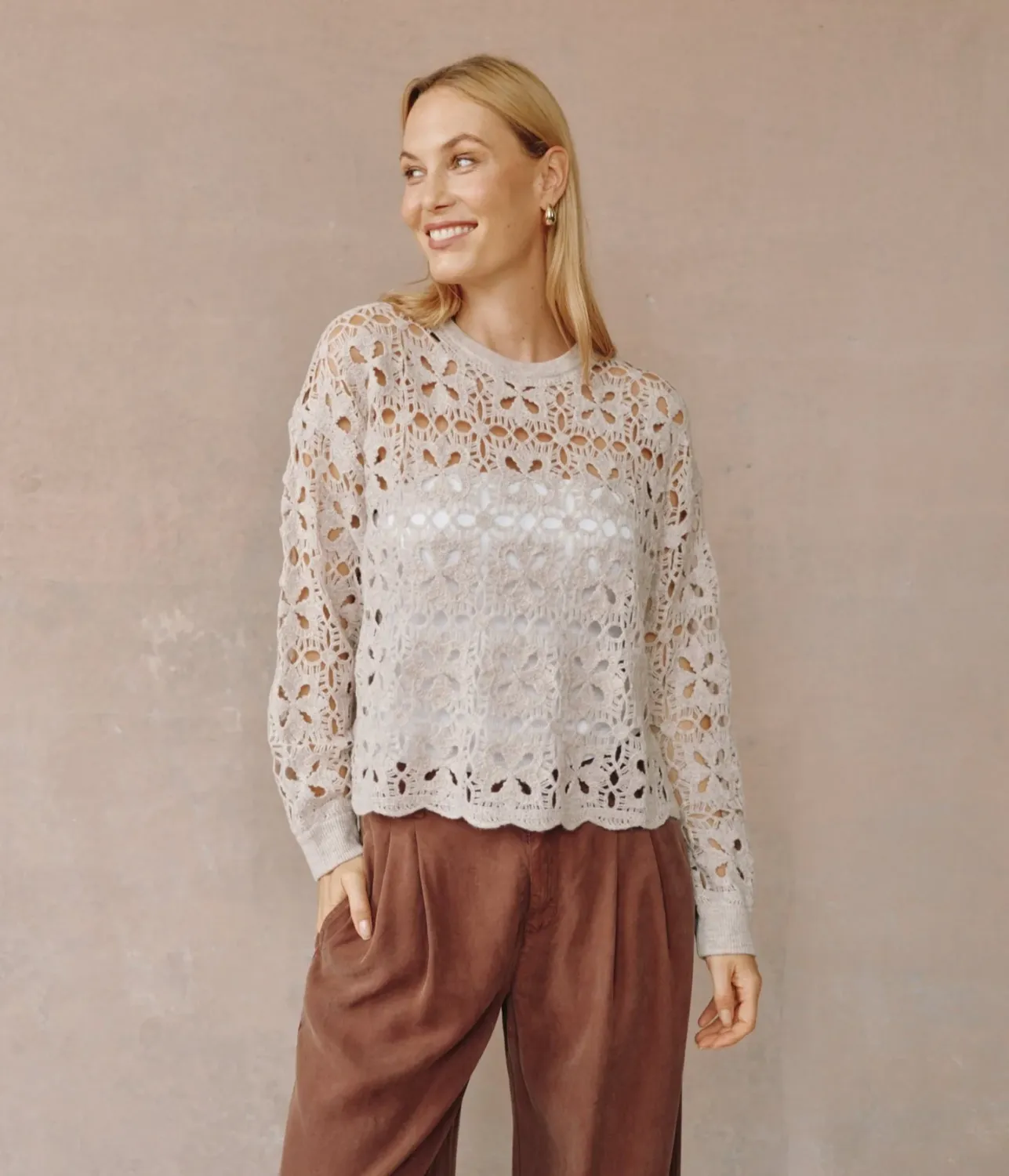 Bella Dahl - Crochet Crew Neck Sweater Soft Almond