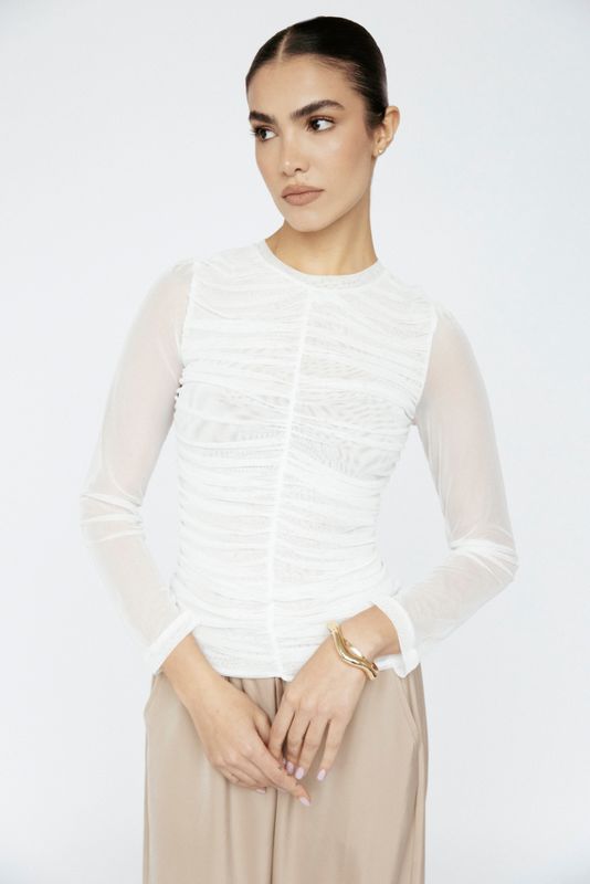 Amanda Maria - Mesh Gather Front Top Ivory