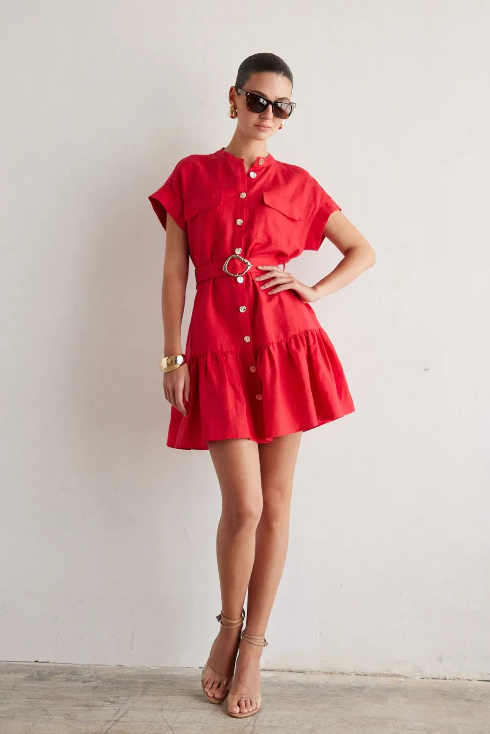 JS71 - Albany Linen Blend Short Dress Red