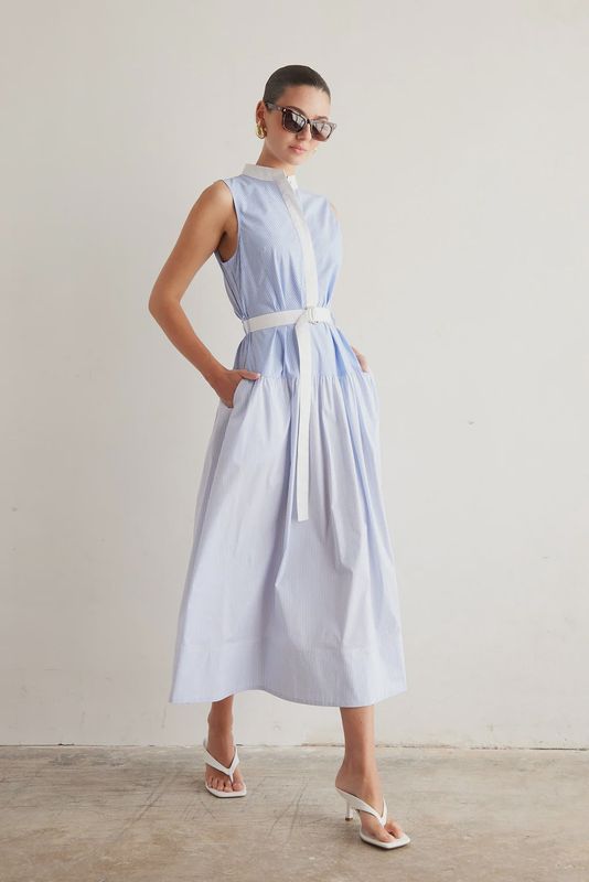 JS71 - Zelma Cotton Blend Dress Blue/White Stripe