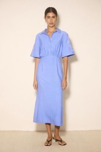 MON RENN - Zahra Embroidered Midi Dress Oasis Blue, Colour: oasis blue, Size: XS