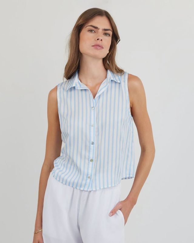 Bella Dahl - Clean Sleeveless Button Down Tidal Blue Stripe