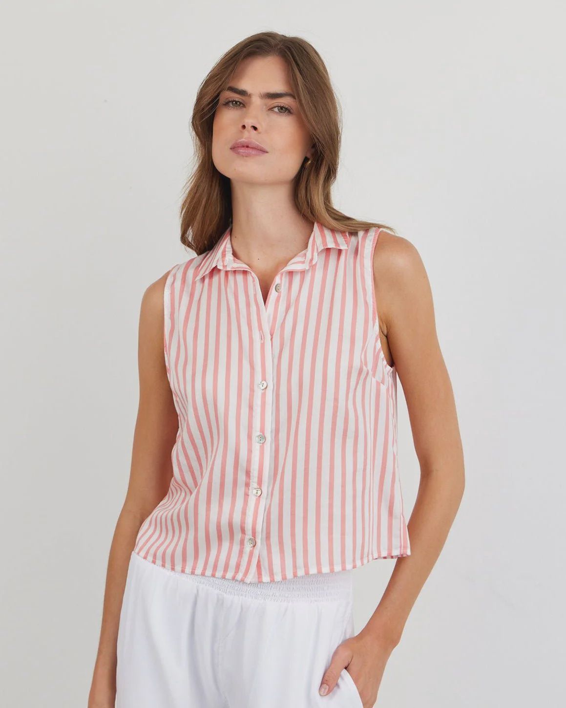 Bella Dahl - Clean Sleeveless Button Down Wild Coral Stripe