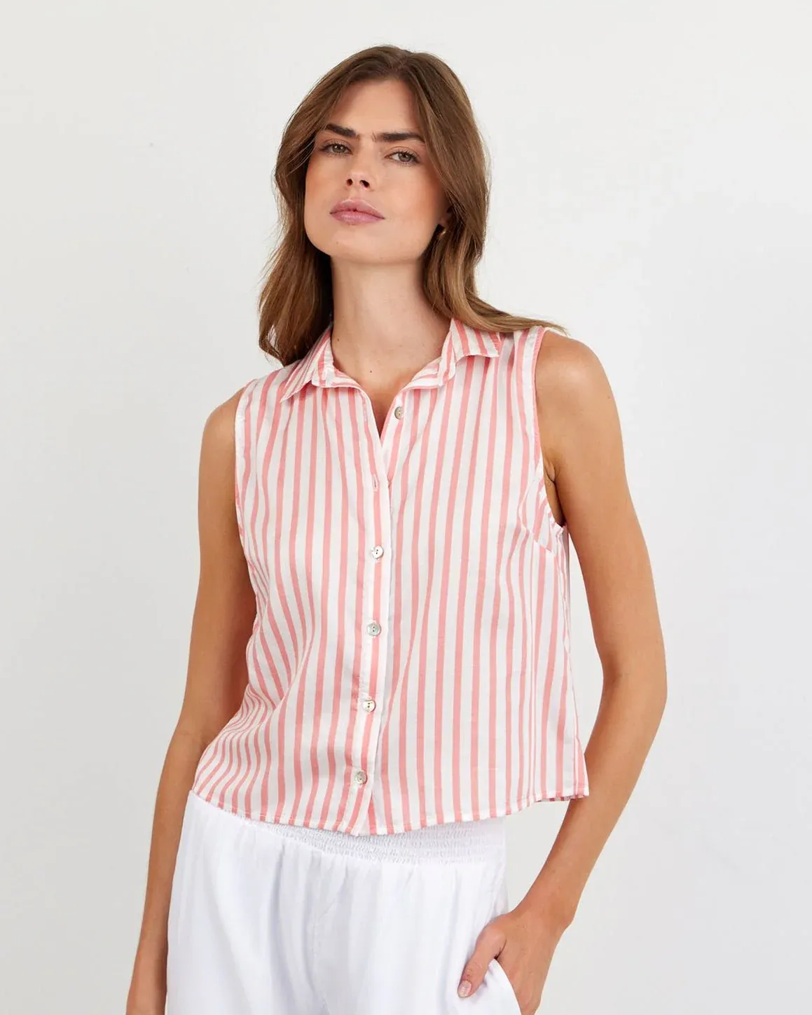 Bella Dahl - Clean Sleeveless Button Down Wild Coral Stripe