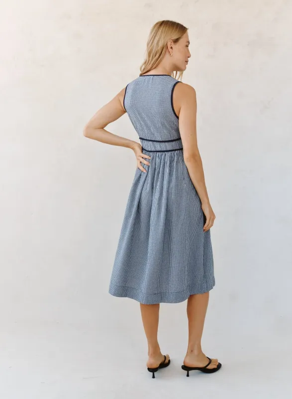 Bella Dahl - Fit & Flare V-Neck Midi Dress Navy Micro Gingham