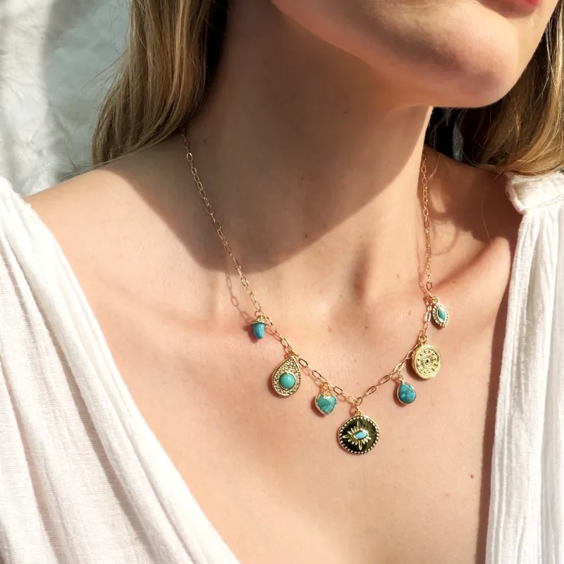The Silver Wren - Turquoise Multi Charm Necklace