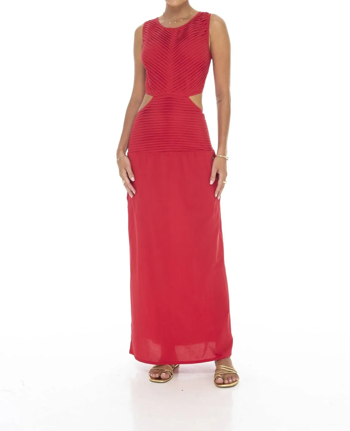 Phie Collective - Brushed Cotton Pleated Cut Out Dress in Red