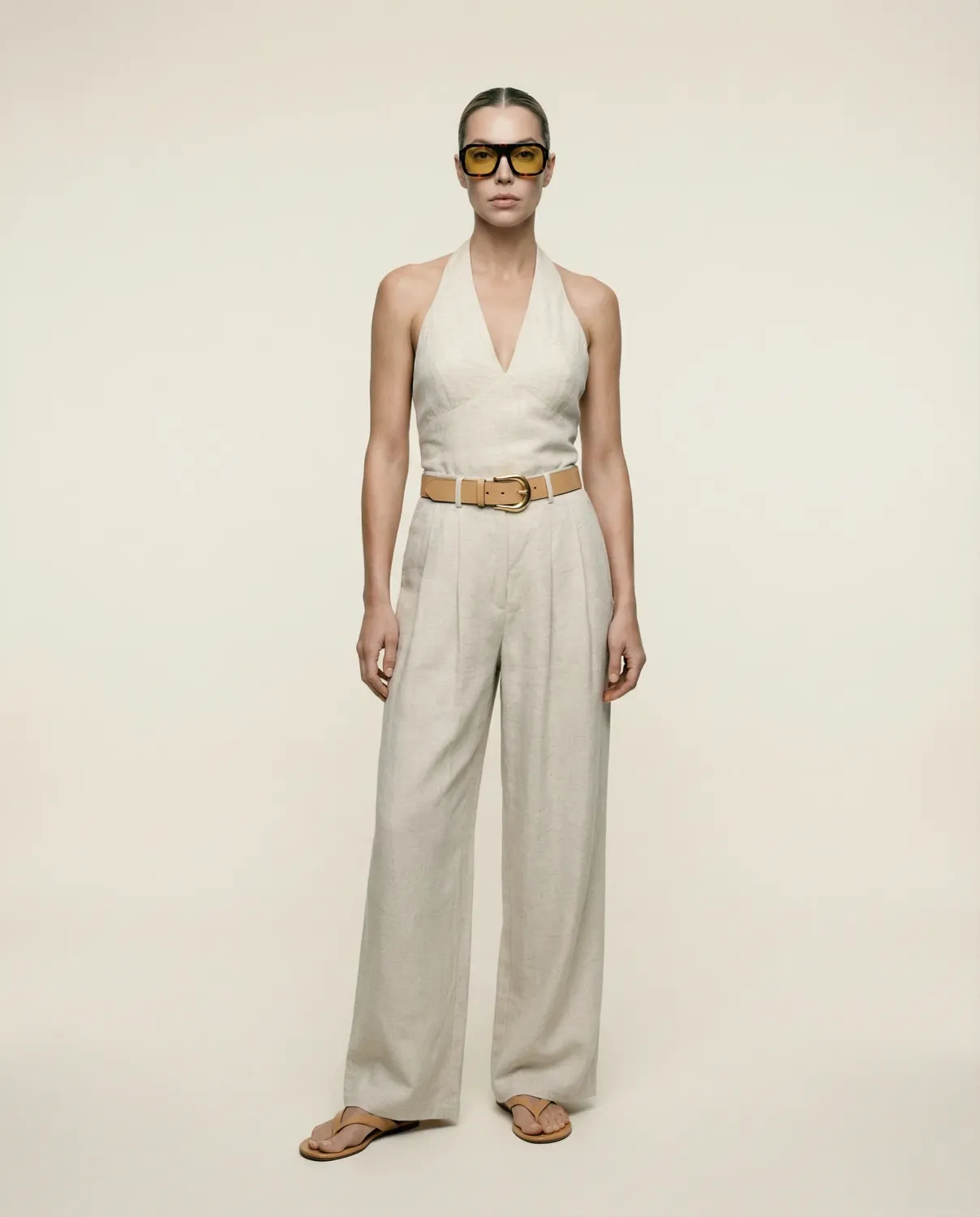 Amanda Maria - Linen Blend Pleated Trousers Natural